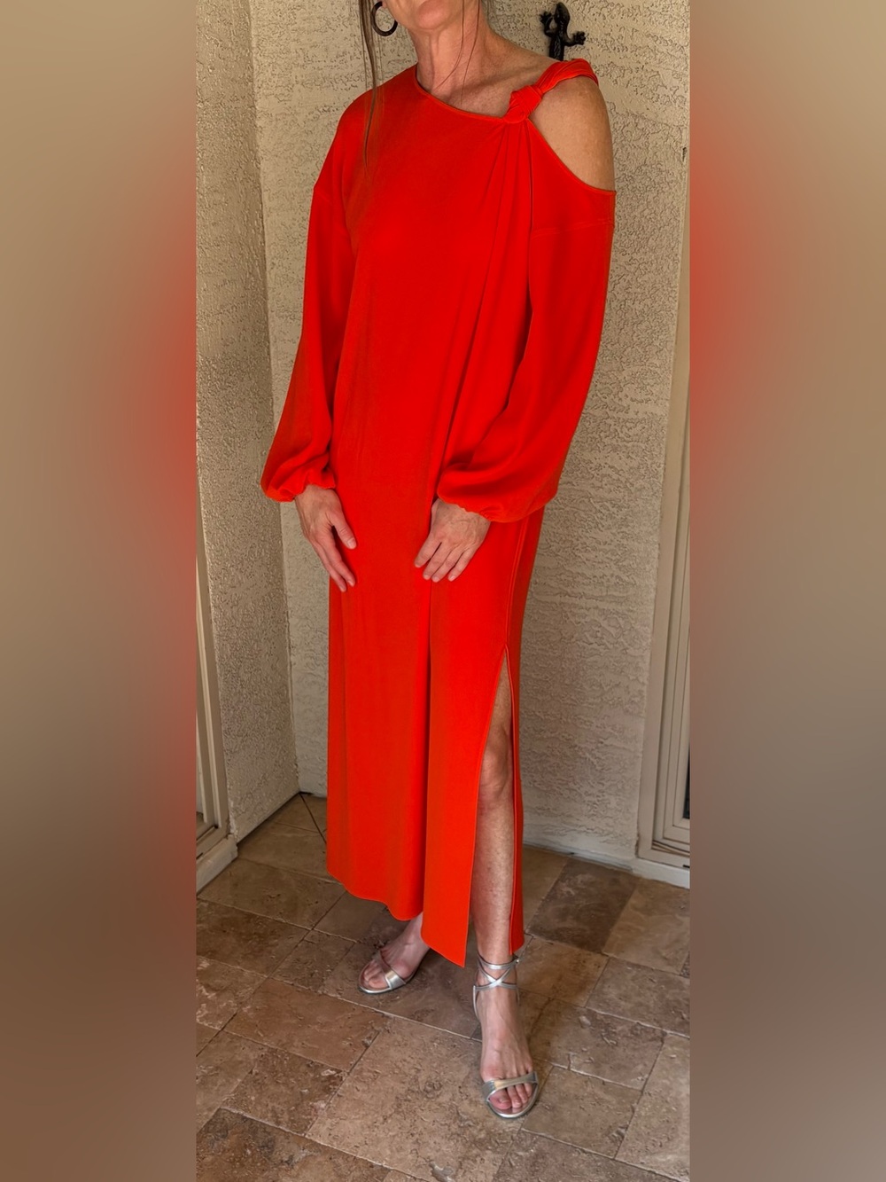 Elizabeth and James Maxi Dress Size 6 Orange One Shoulder Knot Slit Designer
